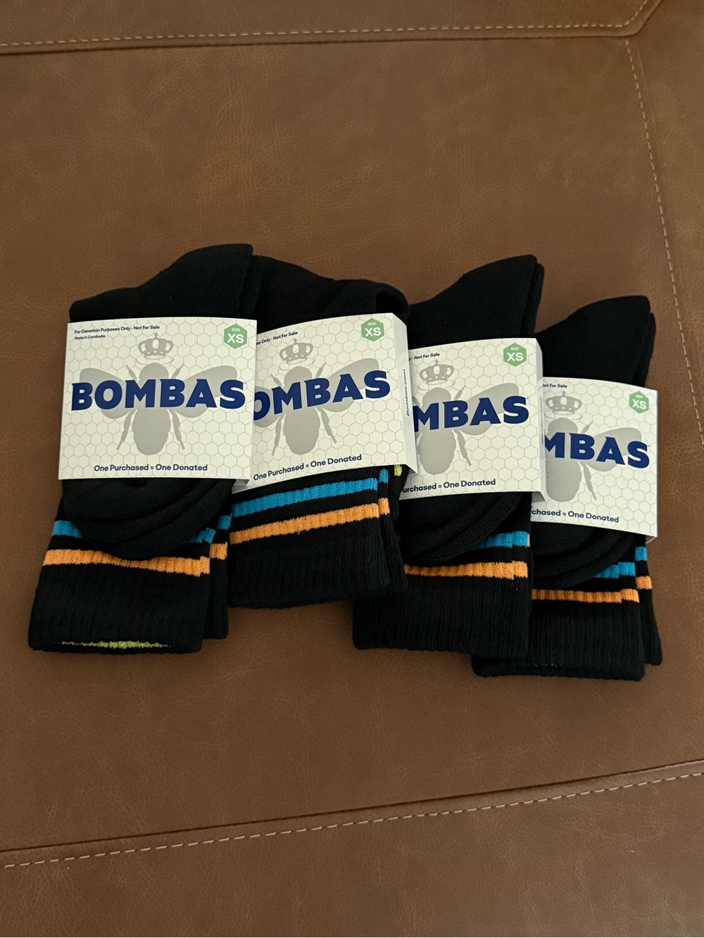 Bombas Kid’s XS Black Ankle Socks with Blue & Orange Stripes - 4 pairs for $28
